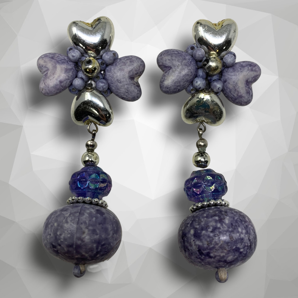 Vtg 1980's Hearts Silver Tone Purple Bead Dangle Clip On Earrings Art to Wear